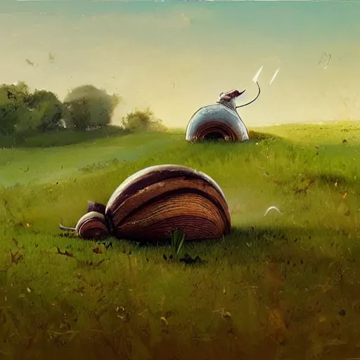 Image similar to tiny mouse riding a large snail across a field, painting by ismail inceoglu,