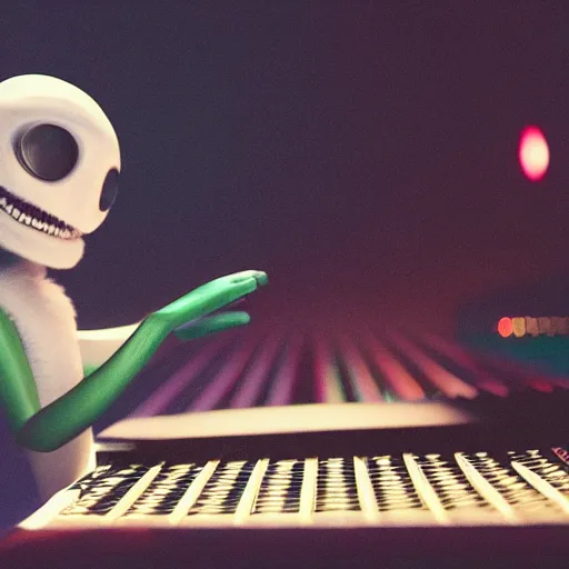 Image similar to cinematic film still of Pharrell Williams Making A Beat with an anthropomorphic alien, Japanese VFX, 2018, 400mm lens, f1.8, shallow depth of field,film photography