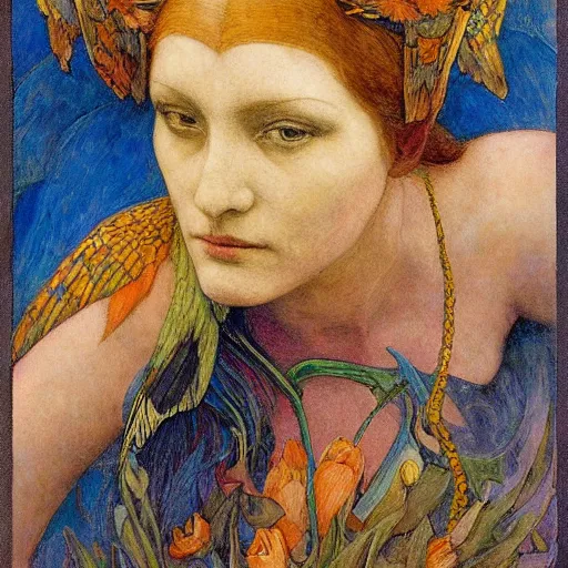 Prompt: the dawn queen with her bird mask, by annie swynnerton and diego rivera and elihu vedder, symbolist, dramatic lighting, elaborate geometric ornament, art brut, soft cool colors, smooth, sharp focus, extremely detailed, leo and diane dillon