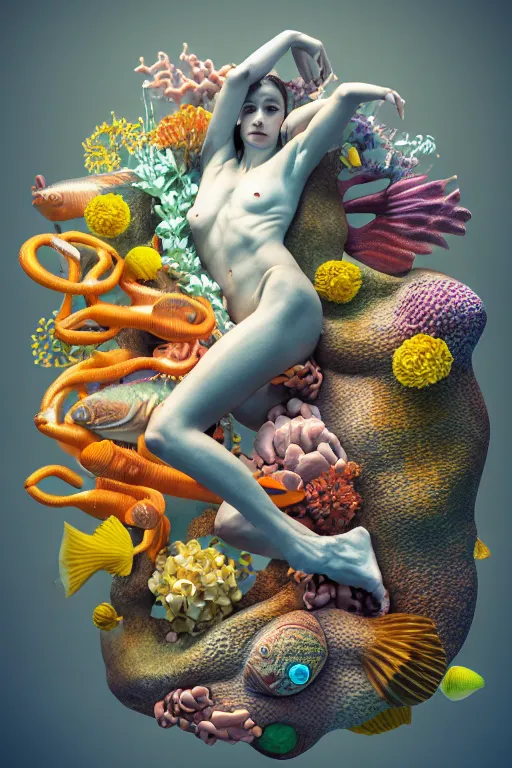 Image similar to a sculpture of fish ocean intertwined, diode lighting, a lovely cornucopia of flowers and human body parts, body parts, highly detailed, octane render, cinematic, sharp focus, clean, studio lighting