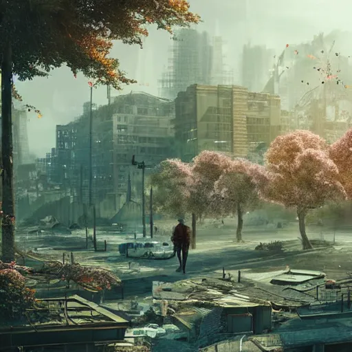 Image similar to A post-apocalyptic city swept by disaster, tall destroyed buildings with plants, an enormous cherry tree blossoming in the middle, biopunk, realistic, digital art, lens flare,