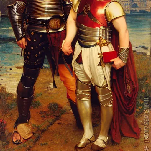 Image similar to attractive fully clothed arthur pendragon confesses his love for his attractive fully clothed male knight. highly detailed painting by gaston bussiere and j. c. leyendecker 8 k