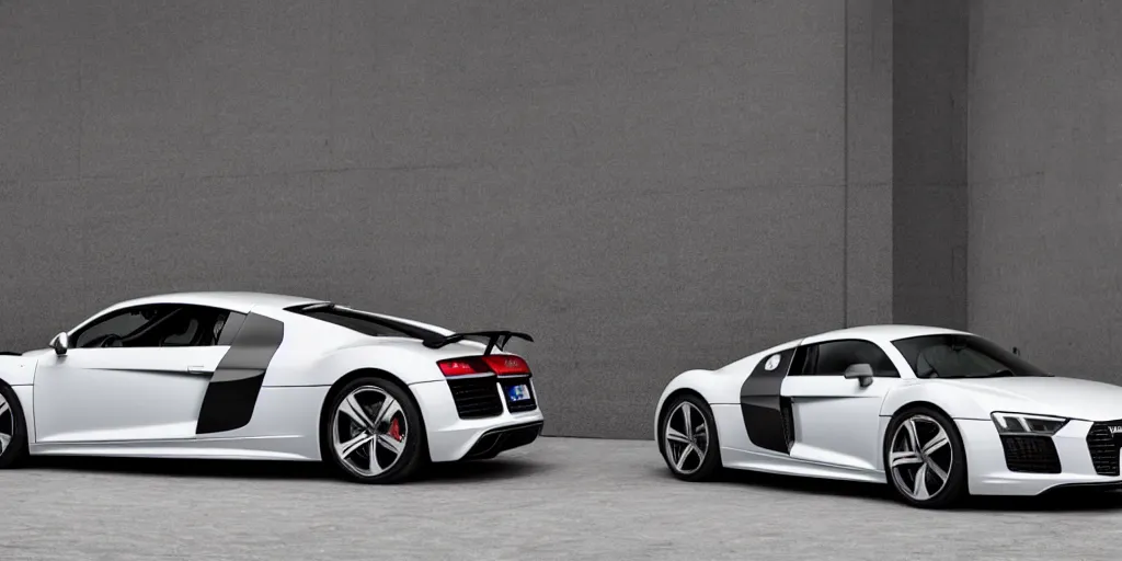 Image similar to Audi R8 if it was designed by christian von koenigsegg in a white showroom, 8k , photogragphy