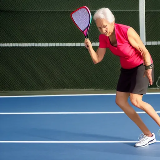 Prompt: photo of 6 0 year old athletic woman swinging a pickleball racket, action shot, close up, sports illustrated