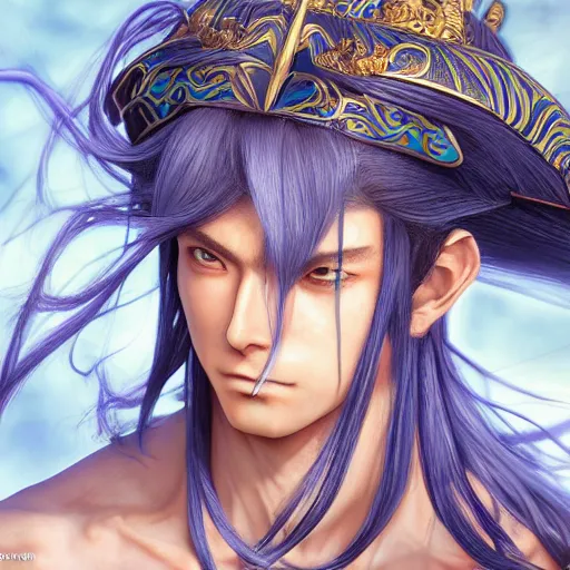 Prompt: an immortal xianxia cultivator with long blue hair as an absurdly handsome, elegant, young anime man, ultrafine hyperrealistic detailed face illustration by kim jung gi, irakli nadar, intricate linework, sharp focus, bright colors, matte, final fantasy, unreal engine highly rendered, global illumination, radiant light, intricate environment