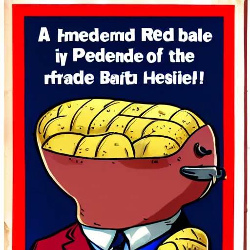 Image similar to a baked potato running for president, wearing a presidential suit and tie, propaganda poster