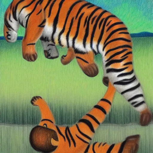 Prompt: drawing of a tiger cubs floating upside down in a pond of black oil, outsider art style