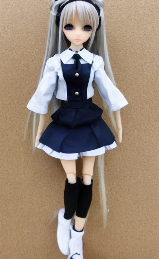 Image similar to dollfie in school uniform, blonde hair, blue eyes, black skirt and white blouse