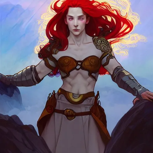 Prompt: a beautiful fire wizard with fire red hair, freckles. wearing armor inspired by alphonse mucha with an exposed midriff, standing on a mountain top with epic clouds and volumetric lighting. intricate illustration and highly detailed digital painting. concept art by artgerm. inspired by brom art and larry elmore.