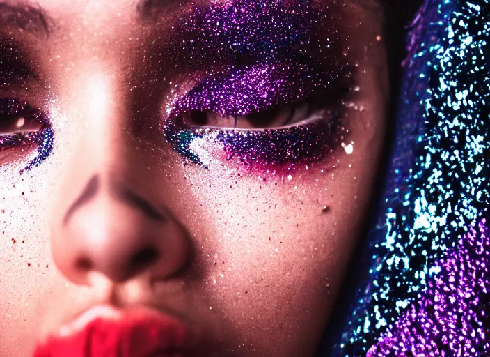 Image similar to Cinestill 50d photograph of a techwear mixed woman wearing thick mascara and dark glitter makeup crying outside of a city on fire, tattoos, tilted frame, 4k, 8k, hd, full color, bokeh