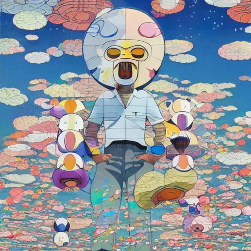 Image similar to a man walking on clouds away from the camera above kyoto by takashi murakami, beeple and james jean, aya takano color style, 4 k, super detailed, modern, 4 k, symmetrical