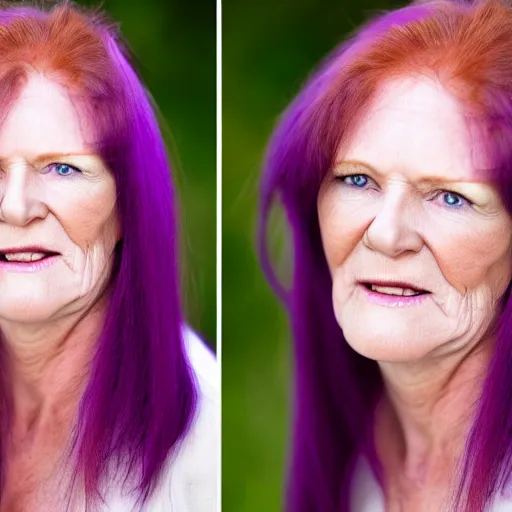 Image similar to mature woman with long ginger hair and purple eyes, high quality photo