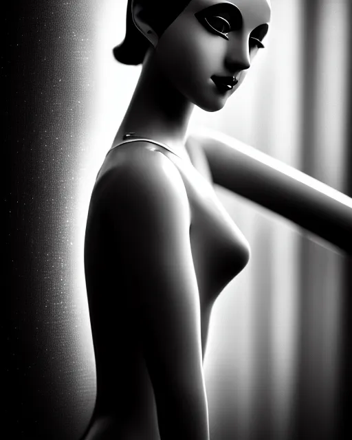 Image similar to black and white dreamy young beautiful female artificial intelligence, metropolis, cinematic, rim light, bokeh, photo - realistic, elegant, high detail, 8 k, masterpiece, photo taken in 1 9 3 0