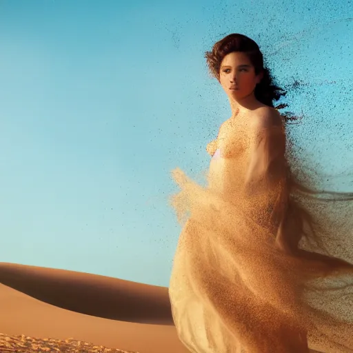 Image similar to filmstill photography of female body sulhouette covered with curly white translucent blanket blowing in wind, acrylic liquid colors, luxurious supermodel photoshooting, golden jewelry, bokeh, godrays, strong wind, wrinkles, sunrays, sunset, lens flares, monet, renoir, cold colors, sand dunes