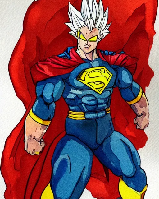 Image similar to a watercolor painting full body character portrait of a super saiyan superhero in the style of jean giraud in the style of moebius trending on artstation deviantart pinterest detailed realistic hd 8 k high resolution