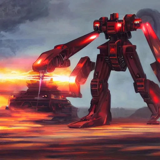 Prompt: Highly detailed oil painting, of a giant mech launching missiles, firing lasers and machine guns at a moving red sports car, concept art, highly detailed.