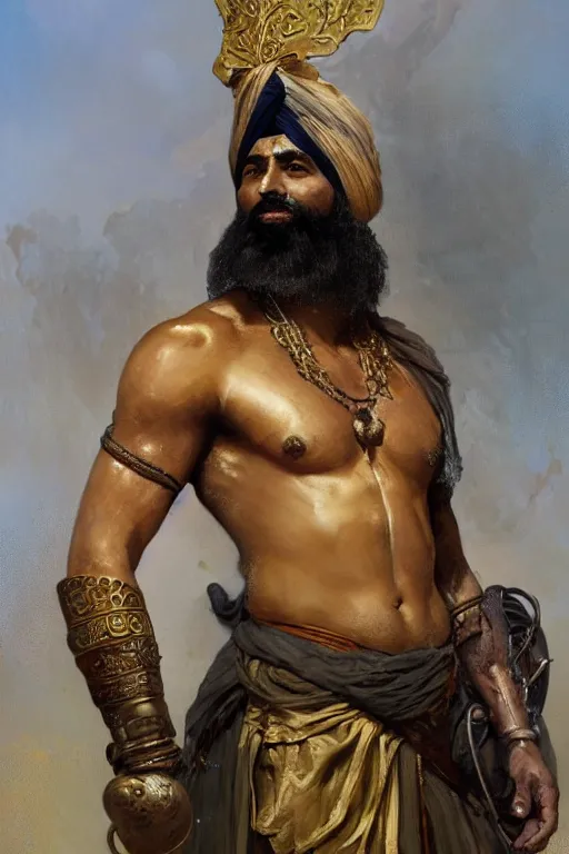 Prompt: painted portrait of rugged banda singh bahadur by greg rutkowski craig mullins art germ alphonse mucha, messy gold body paint over back and his arms, black hair handsome muscular upper body with six - pack, mature warm tone bulging bubble flowing robe [ ancient norse motifs ] background fantasy intricate elegant detailed digital painting concept art artstation sharp focus illustration