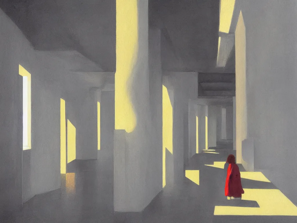 Prompt: colorful minimalist industrial interior hallway with monolithic pillars in the style of ridley scott and stanley kubrick, impossible stijl architecture, ultra view angle view, lone person in the distance, realistic detailed painting by edward hopper