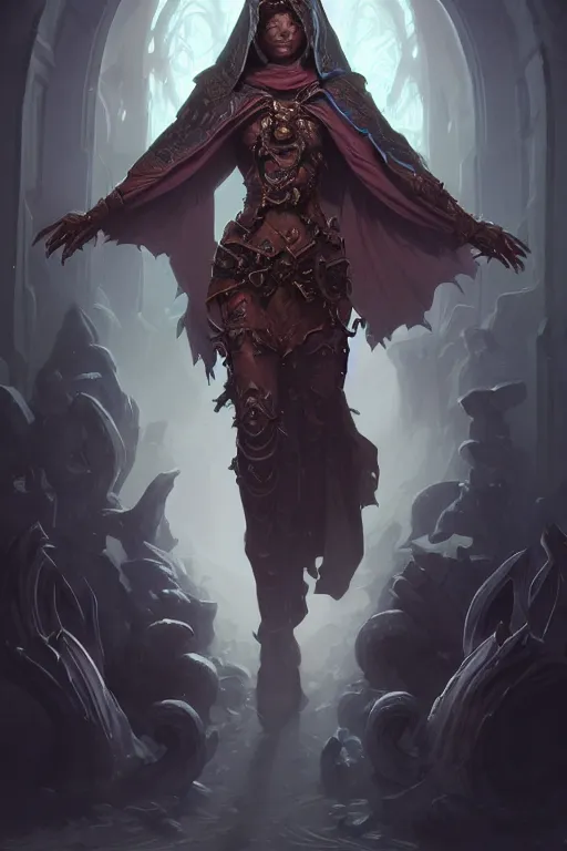 Image similar to beautiful necromancer, full body shot, hood, d & d, fantasy, intricate, elegant, highly detailed, digital painting, artstation, concept art, matte, sharp focus, illustration, hearthstone, art by artgerm and greg rutkowski and alphonse mucha