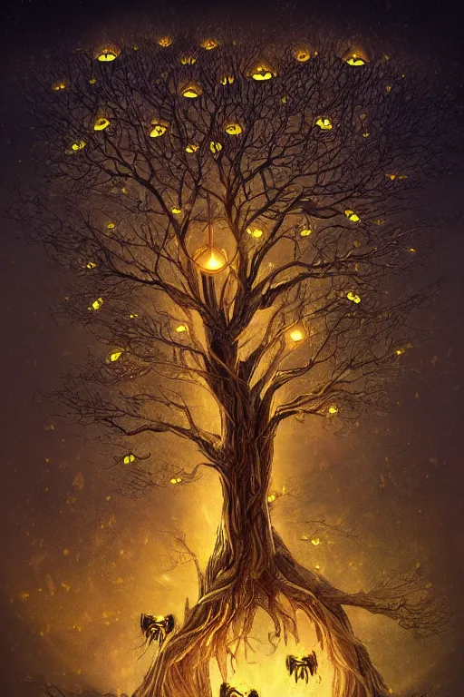 Image similar to a beautiful digital illustration painting of a detailed gothic fantasy fireflies and roots, fantasy tree with heart carved into the bark by giorgio de chirico, and david rios ferreira. 8 k resolution trending on artstation concept art digital illustration