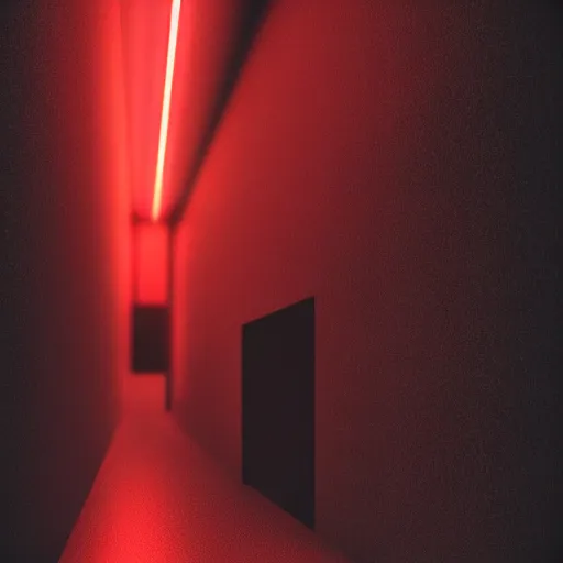 Image similar to photograph of an extremely dark narrow hallway with glowing humanoid cryptid made out of television static, dark deep black shadows, red and black color contrast in the style of trevor henderson, liminal space, 3 d octane render, glitch effect