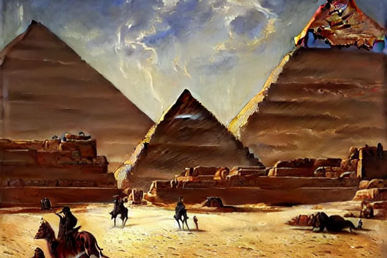 Image similar to beautiful landscape of ancient cairo egypt giant satue of anubis in the forground pyramids in the background, art by anders zorn, wonderful masterpiece by greg rutkowski, beautiful cinematic light, american romanticism thomas lawrence, greg rutkowski