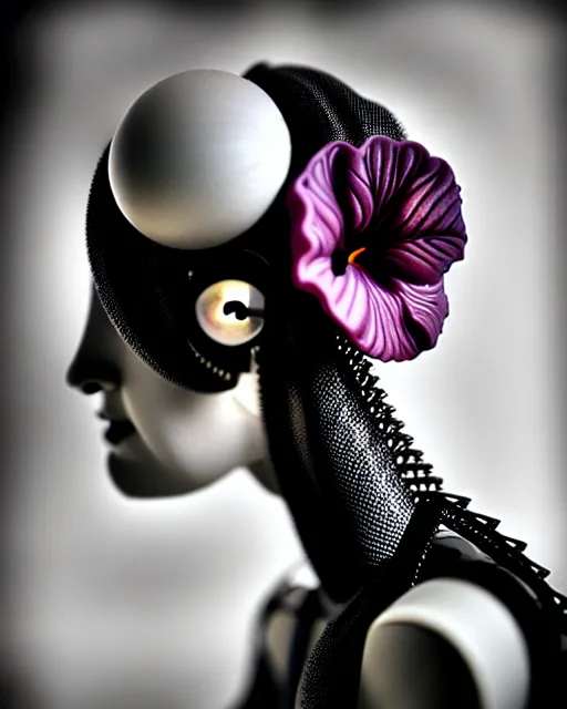 Image similar to black and white dreamy foggy profile face portrait, one steampunk eye biomechanical beautiful young female cyclope - cyborg - robot bust, body ribs meshes,, volumetric light, hibiscus flowers, by hg giger, rim light, by dora maar and cecile beaton, big gothic fashion pearl embroidered collar, 8 k