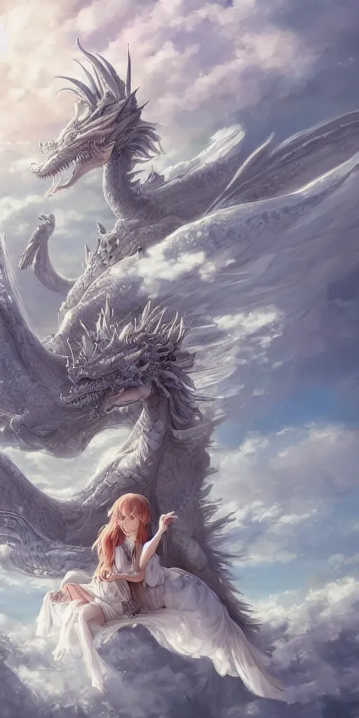 Prompt: the beautiful hyper detailed portrait render that a beautiful princess sitting on the back of a huge silver white dragon alone in fairyland surrounded by white clouds, finely detailed angelic face delicate features, style of studio ghibli, makoto shinkai, raphael lacoste, artgerm, james jean, ross tran, animation style, hd, ultra wide angle