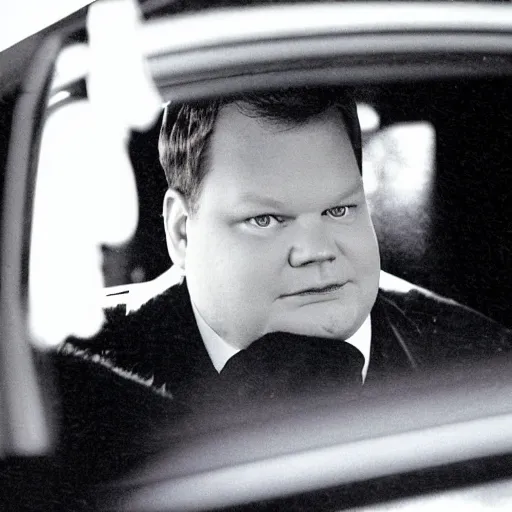 Image similar to 1 9 9 8 andy richter wearing a black wool coat and necktie in his car driving through the streets of chicago at night, point of view from back seat of car, warm, cozy, safe atmosphere