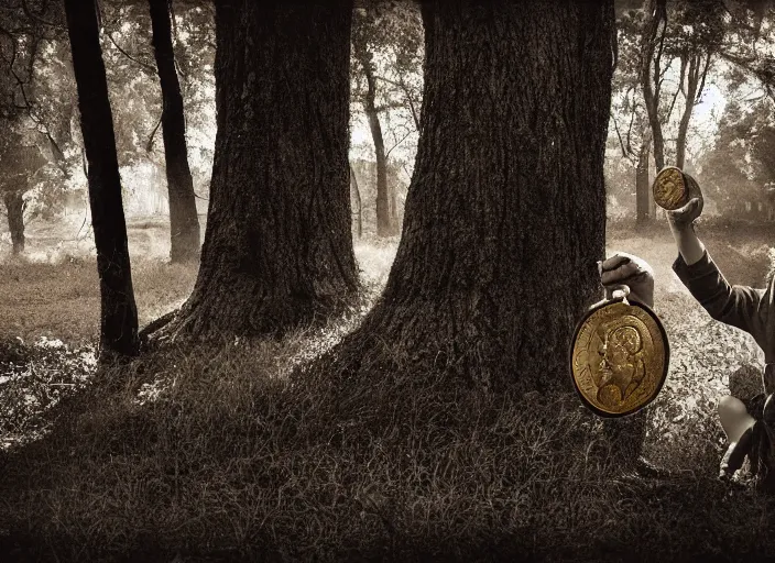 Image similar to old retro burnt out sepia photograph with scratches of an old and wrinkled man biting into a golden coin with his teeth. magical forest in the background with bokeh. Antique. High quality 8k. Intricate. Sony a7r iv 35mm. Award winning.