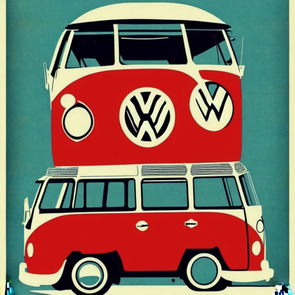 Prompt: a vintage poster of a vw bus