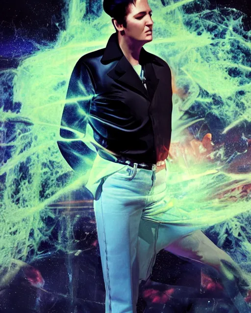 Image similar to a powerful energy elvis presley, by alexander fedosav, hyper detailed digital matte painting, concept art, hyperrealism, 1 6 k resolution, cinema 4 d, 8 k resolution, trending on artstation, behance hd, a masterpiece, by stephan martiniere, particles, cel - shaded, power bright neon energy, by david a. hardy,