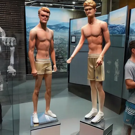 Image similar to a realistic detailed photo of a guy who is an attractive humanoid who is half robot and half humanoid, who is a male android, soccer players martin ødegaard & timo werner, shiny skin, posing like a statue, blank stare, in a museum, on display, showing off his muscles, gold soccer shorts, no jersey, statue, many copies of them