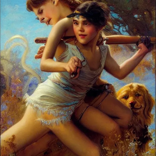 Image similar to a young girl fighting a primal predator, highly detailed painting by gaston bussiere and j. c. leyendecker 8 k