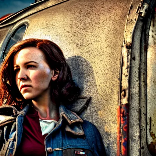 Image similar to fallout 5, charismatic brunette female protagonist, portrait, outdoors scene, somewhere in a low density rural town, retro rusted cars, atmospheric lighting, painted, intricate, volumetric lighting, beautiful, daytime, sunny weather, slight overcast, sharp focus, deep colours, ultra detailed, by leesha hannigan, ross tran, thierry doizon, kai carpenter, ignacio fernandez rios