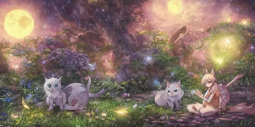 Image similar to final fantasy key visual of a cats anime, in a magical fantasy garden at night, moonlight, fireflies glowing, lofi feel, magical, highly detailed, digital art, artstation, smooth, hard focus, illustration, art by artgerm - in the style of final fantasy and studio ghibli