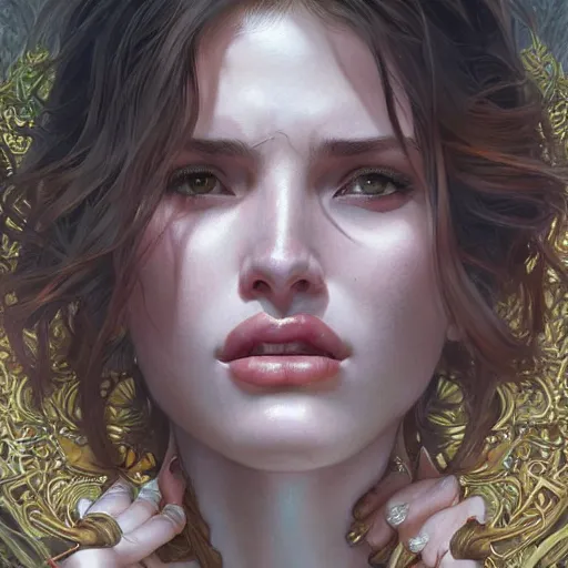 Prompt: ultra realistic illustration, bella thorne angry, intricate, elegant, highly detailed, digital painting, artstation, concept art, smooth, sharp focus, illustration, art by artgerm and greg rutkowski and alphonse mucha
