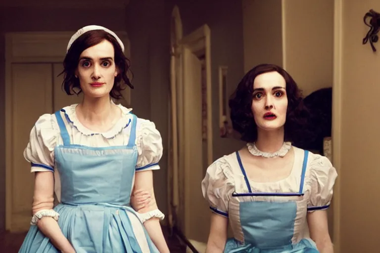 Image similar to mid-shot of Winona Ryder as a maid in the new movie directed by Wes Anderson, symmetrical shot, idiosyncratic, relentlessly detailed, pastel, limited colour palette, detailed face, movie still frame, promotional image, concept art, imax 70 mm footage