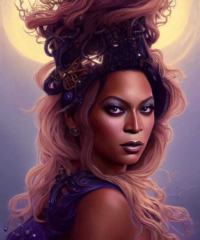 Prompt: Beyoncé as a fantasy magic woman portrait, sci-fi, amber eyes, face, long hair, fantasy, intricate, elegant, highly detailed, digital painting, artstation, concept art, smooth, sharp focus, illustration, art by artgerm and greg rutkowski and alphonse mucha