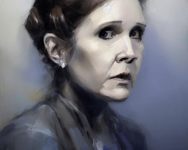 Prompt: portrait of leia young carrie fisher in shades of grey but with blue by jeremy mann