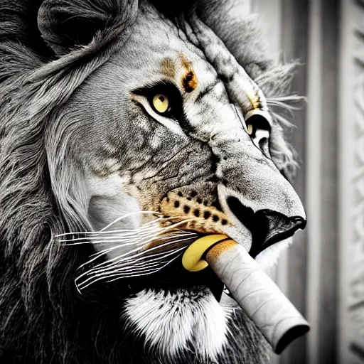 Image similar to a very detailed photo of a lion ( smoking a cigar ) outside the mansion by the pool