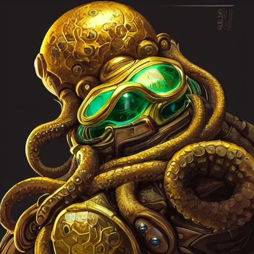 Prompt: a golden octopus face warrior with emerald eyes, Apex Legends character digital illustration portrait design, by android jones, detailed, cinematic lighting, wide angle action dynamic portrait