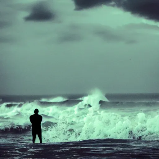 Prompt: the last man is standing hip deep in wild ocean waves with wild flashing neon lights in the sky