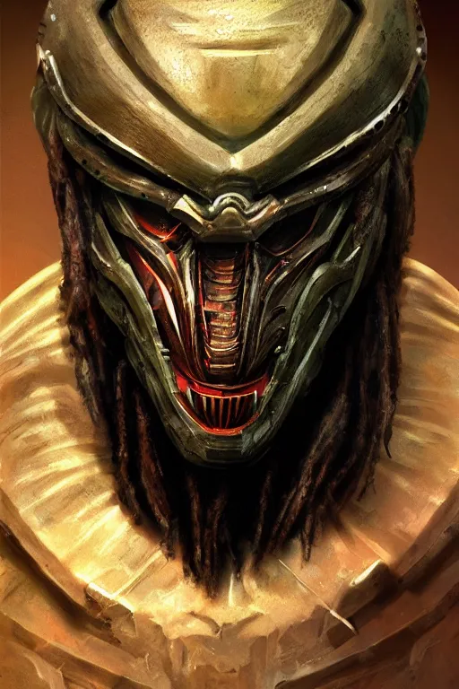 Image similar to predator 1 9 8 7 mask redesign, portrait, highly detailed, dreadlocks, mandables, digital painting, trending on artstation, concept art, illustration