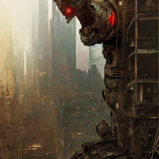 Prompt: portrait of a rusty old robot Overgrown New York City, post apocalyptic, abandoned, digital art, 4k, high quality render, unreal engine, trending on artstation, syd mead, craig mullins,
