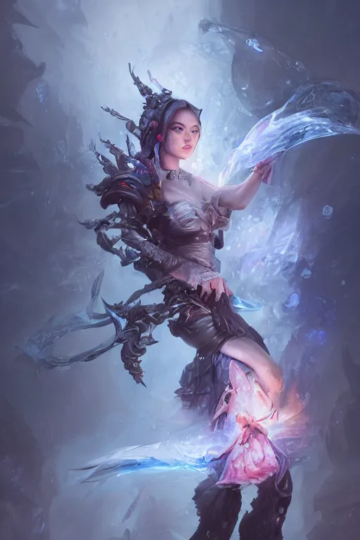 Prompt: beautiful girl necromancer covered with ice exploding into blood, practical armor, heroes of the storm, 3 d render, hyper realistic detailed portrait, holding magic flowers, ruan jia, wlop. scifi, fantasy, hyper detailed, octane render, concept art, peter mohrbacher