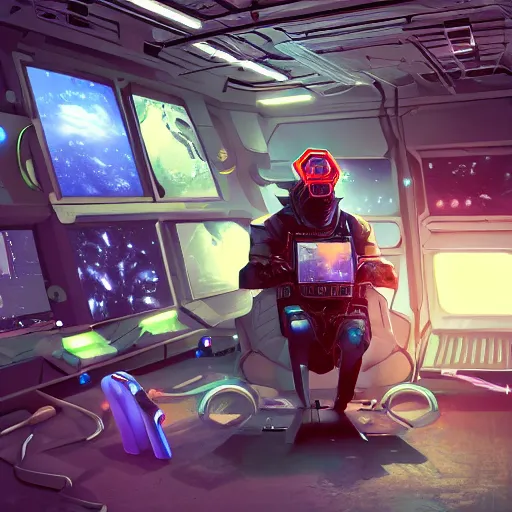 Image similar to a man sitting on a chair with things attached to his head, screens and monitors in front of him playing videos, ship interior, narrow hallway, scifi colors, dramatic lighting, dark, spotlight, surreal, by magali villeneuve