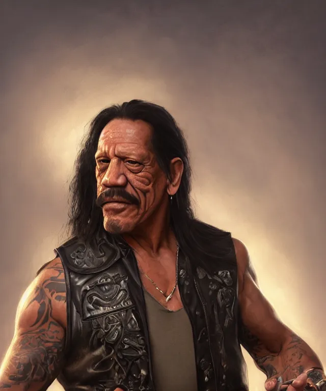 Image similar to danny trejo, cinematic, wearing a leather vest, holding a balloon elegant, highly detailed, digital painting, artstation, smooth, hard focus, illustration, art by jessica rossier and and brian froud