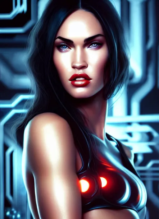 Prompt: portrait of megan fox as v, cyberpunk, technology, augmented body, chrome, science fiction, cd project red, intrigante, headshot, highly detailed, digital painting, artstation, concept art, sharp focus, cinematic lighting, illustration, art by artgerm and greg rutkowski, alphonse mucha, cgsociety