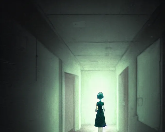 Image similar to creepy woman wearing white dress standing in the backrooms, psychological horror, the eerie forlorn atmosphere of a place that's usually bustling with people but is now abandoned and quiet, buzzing fluorescent lights above the ceiling, unsettling images, liminal space, dark, art by makoto shinkai